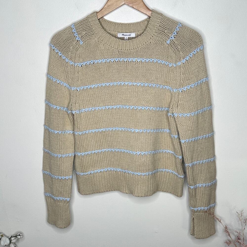 MADEWELL Textured Cotton Crewneck Sweater Stripe Cream Pale Blue Sz M $98 {3A45} - Picture 3 of 7